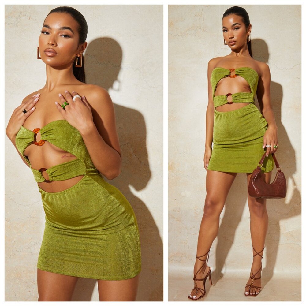 PLT Olive Green Textured Bandeau Cut Out O Ring Strapless Bodycon Mini Dress